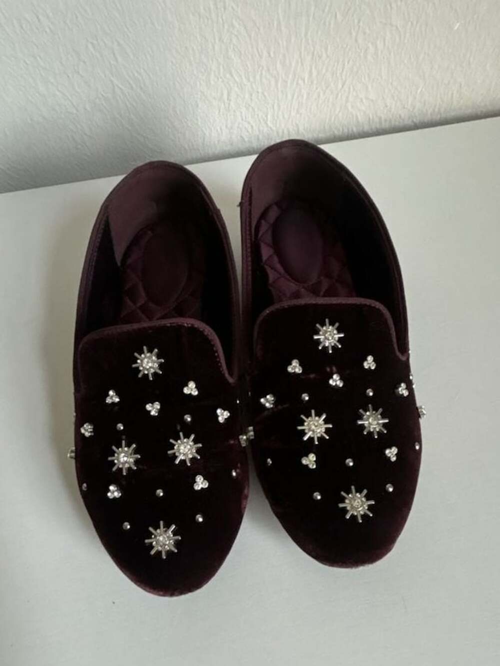 Birdies The Starling Velvet Loafers in Maroon with Crystal Embellishments